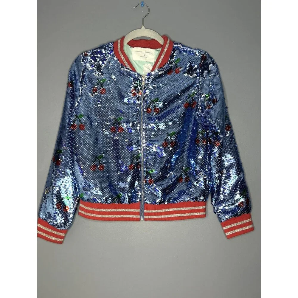 Rockets of Awesome Sequin Bomber Jacket Girls Large (14) Cherry Full Zip Sparkle